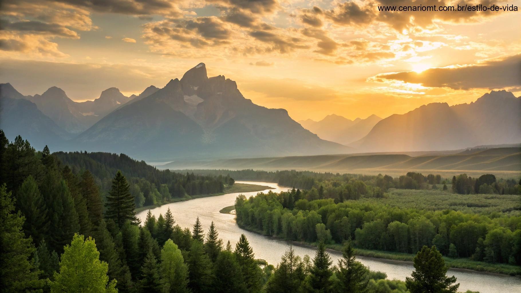 Vista cênica do amanhecer sobre uma paisagem pacífica, com montanhas ao fundo e um rio fluindo suavemente por um vale verde.