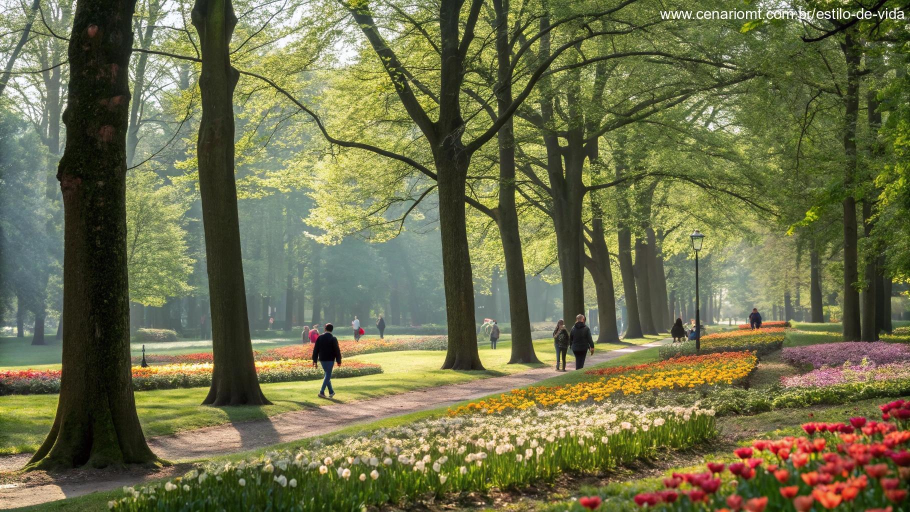Cena tranquila de parque com pessoas caminhando entre árvores verdes e flores coloridas