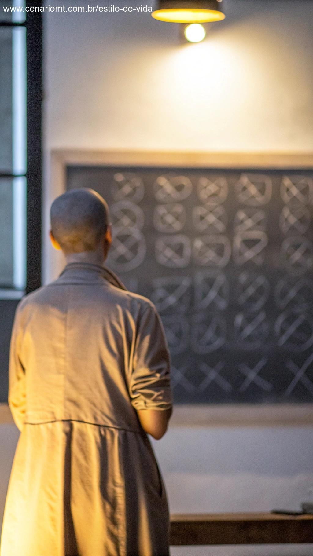 Pessoa em um ambiente tranquilo diante de um quadro de símbolos matemáticos.