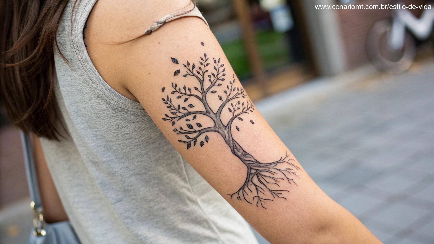 Tatuagem feminina da Árvore da Vida no antebraço, com linhas finas e detalhes minimalistas, representando força e crescimento.