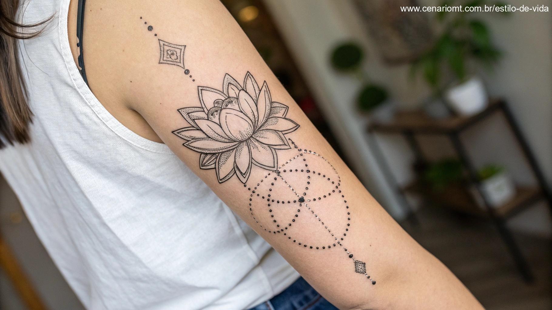 Tatuagem de flor de lótus com geometria sagrada, com traços finos e sombreamento pontilhado.