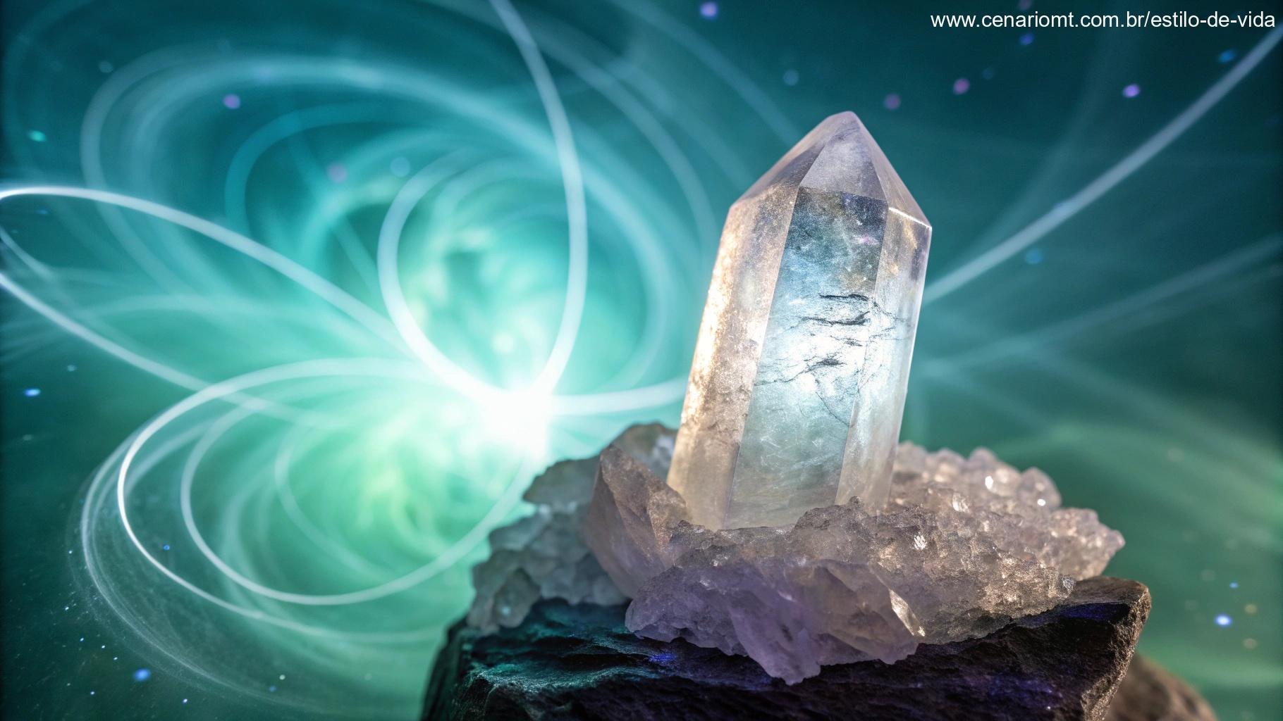 Imagem de luz emanando de um cristal, cercado por uma aura de energia simbolizando a força positiva do número 1818 e sua conexão com a prosperidade.
