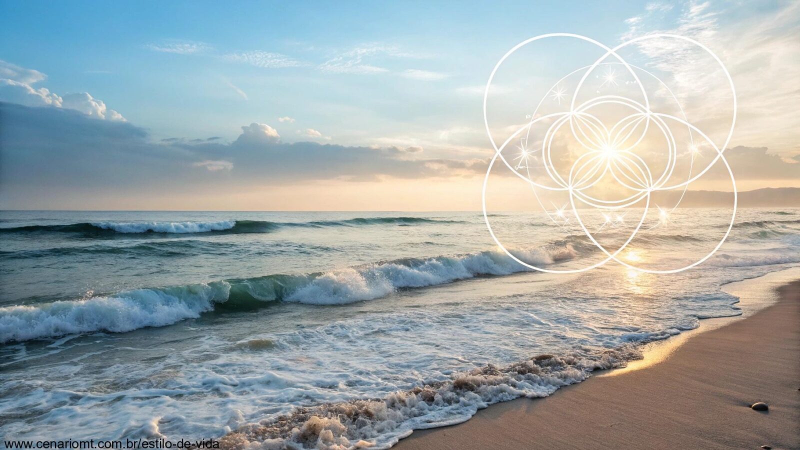 Cena serena e pacífica simbolizando harmonia espiritual, com luz suave, ondas tranquilas e representações abstratas de alinhamento com o propósito de vida.