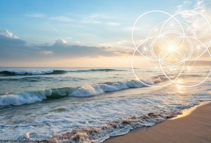 Cena serena e pacífica simbolizando harmonia espiritual, com luz suave, ondas tranquilas e representações abstratas de alinhamento com o propósito de vida.