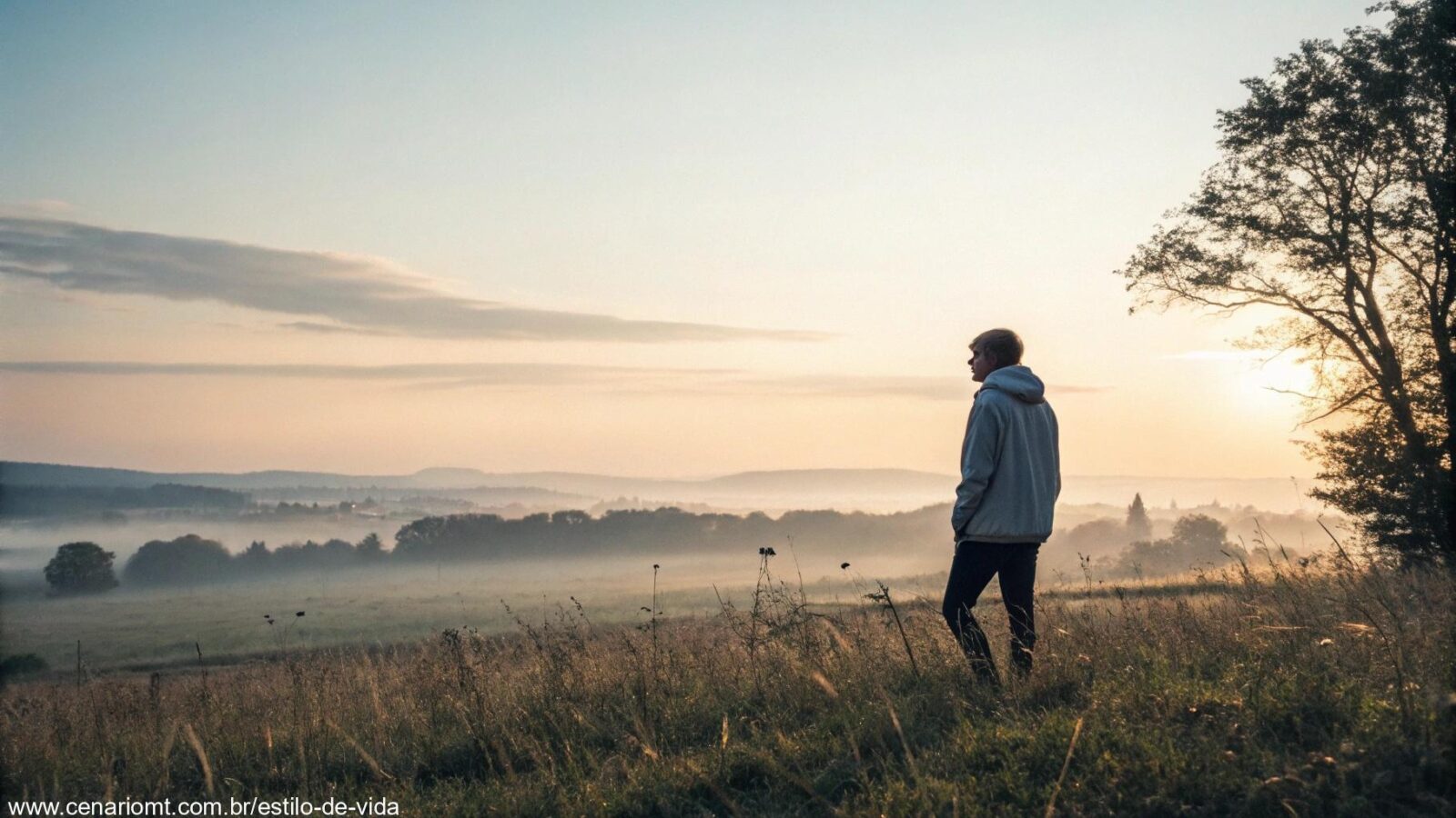 Imagem de uma pessoa em um campo olhando para o horizonte, simbolizando transformação e introspecção.