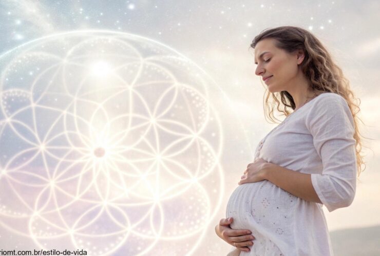 Mulher serena segurando a barriga em um cenário onírico, cercada por uma luz etérea.