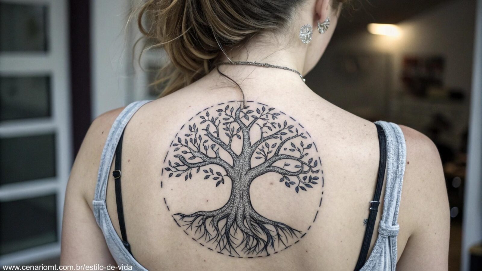 Tatuagem feminina da Árvore da Vida em preto e cinza nas costas, com raízes e galhos detalhados simbolizando conexão e equilíbrio com a natureza.