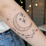 Tatuagem feminina de constelação e lua crescente com linhas finas e sombreado suave, transmitindo mistério e beleza celestial.