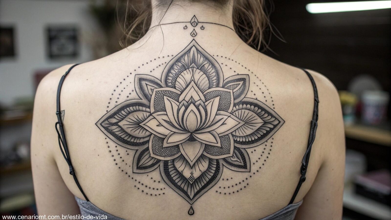 Tatuagem feminina de flor de lótus com geometria, desenhada com padrões simétricos e elementos de mandala.