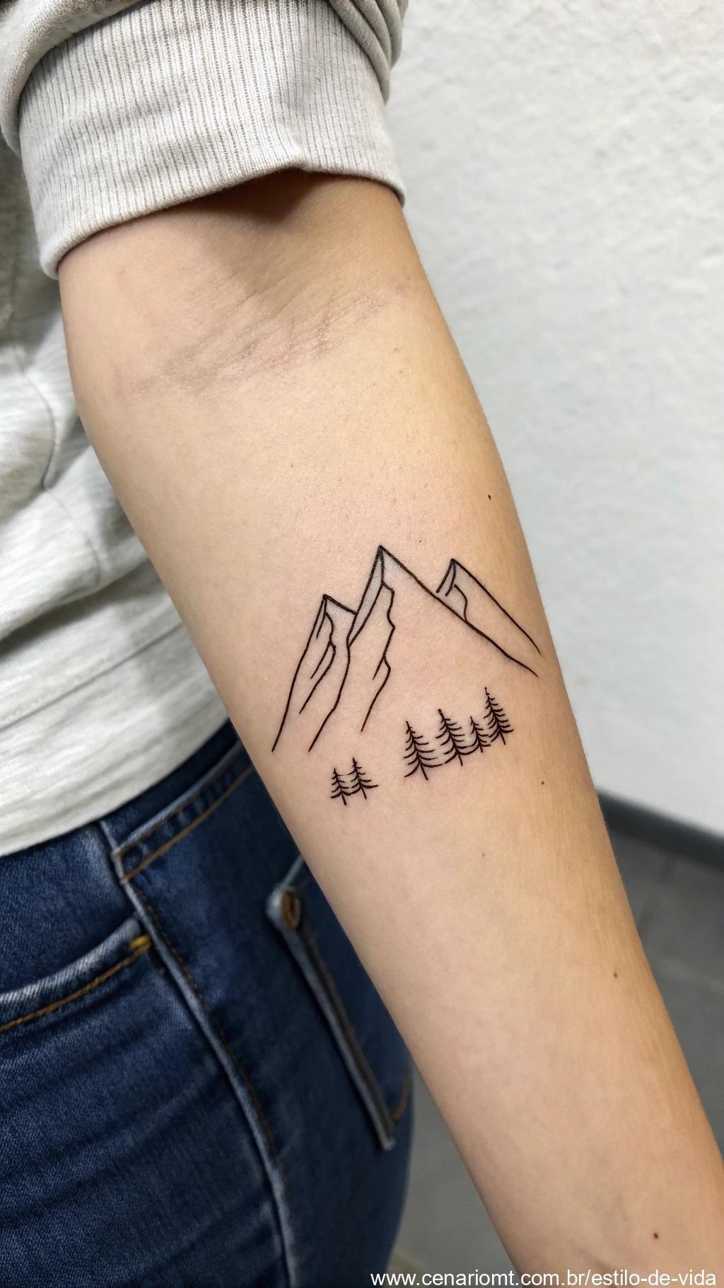 Tatuagem minimalista delicada de uma pequena cadeia montanhosa no antebraço.