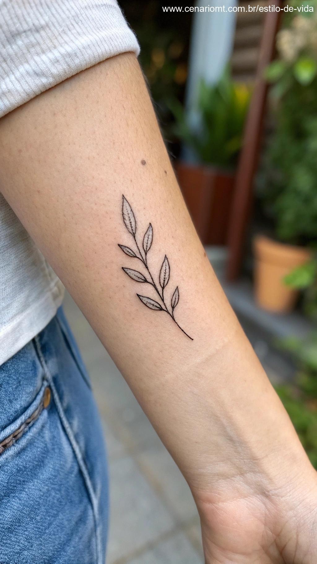 Tatuagem minimalista de uma folha delicada no pulso.