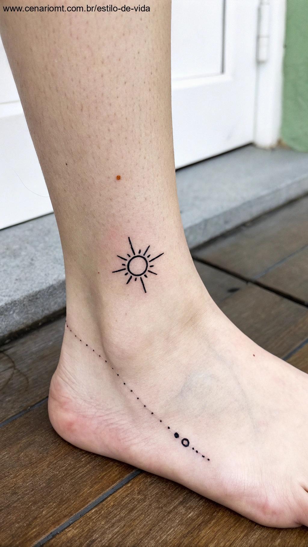 Tatuagem minimalista de um ponto e linha simbolizando o sol no tornozelo.