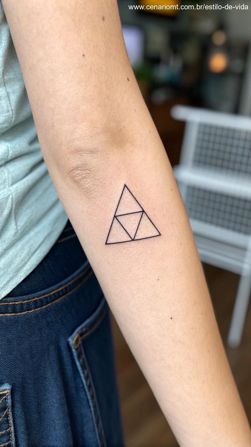 Tatuagem minimalista simples de um triângulo no braço interior.