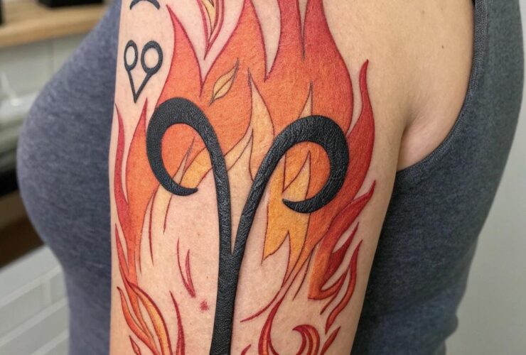 Tatuagem criativa representando o signo de Áries, com elementos de fogo e força.
