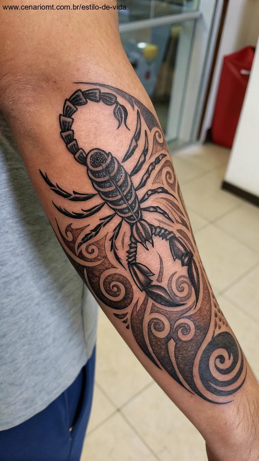 Tatuagem de Escorpião, representando transformação e profundidade.