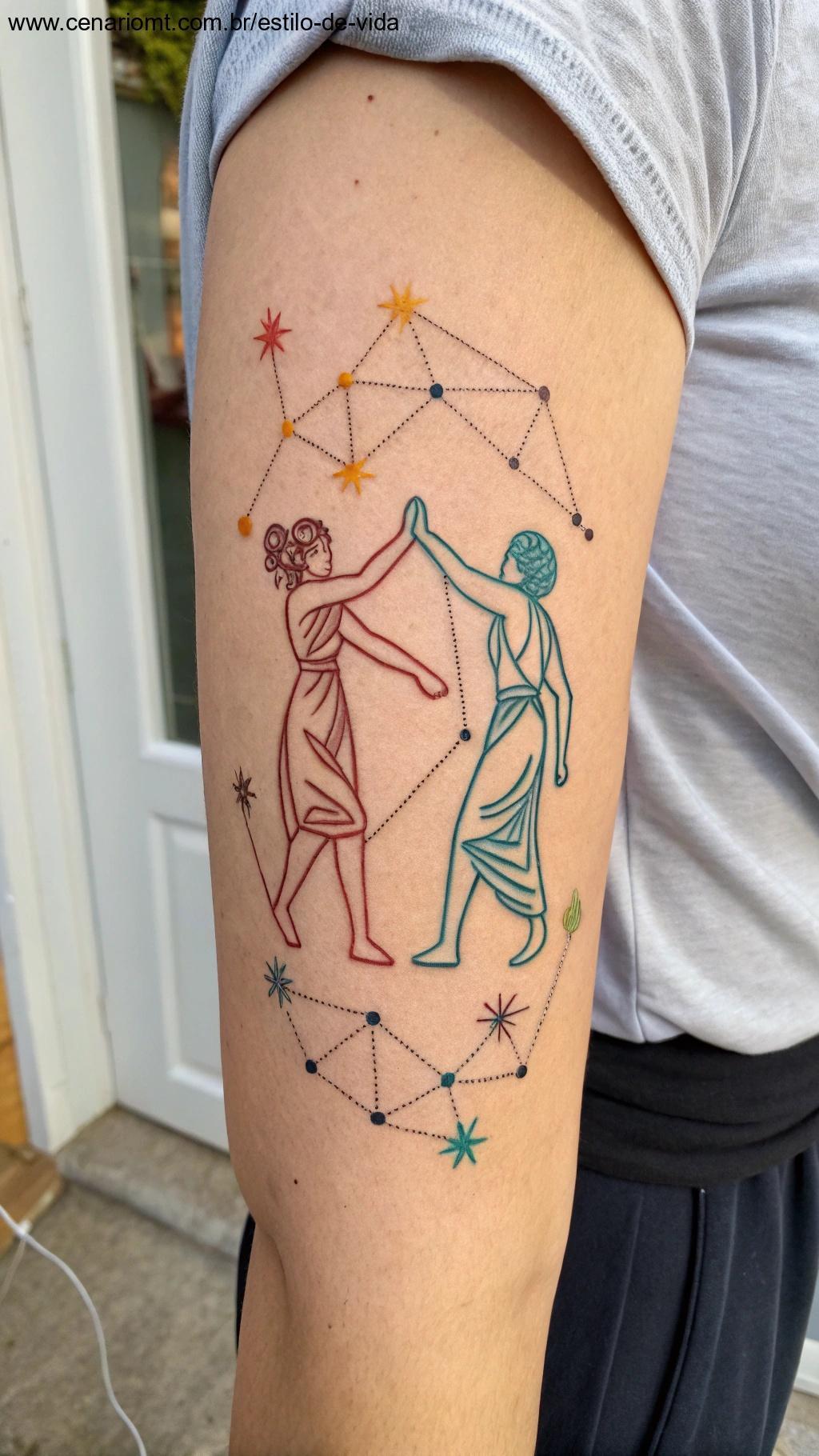 Tatuagem de Gêmeos, simbolizando dualidade e comunicação.