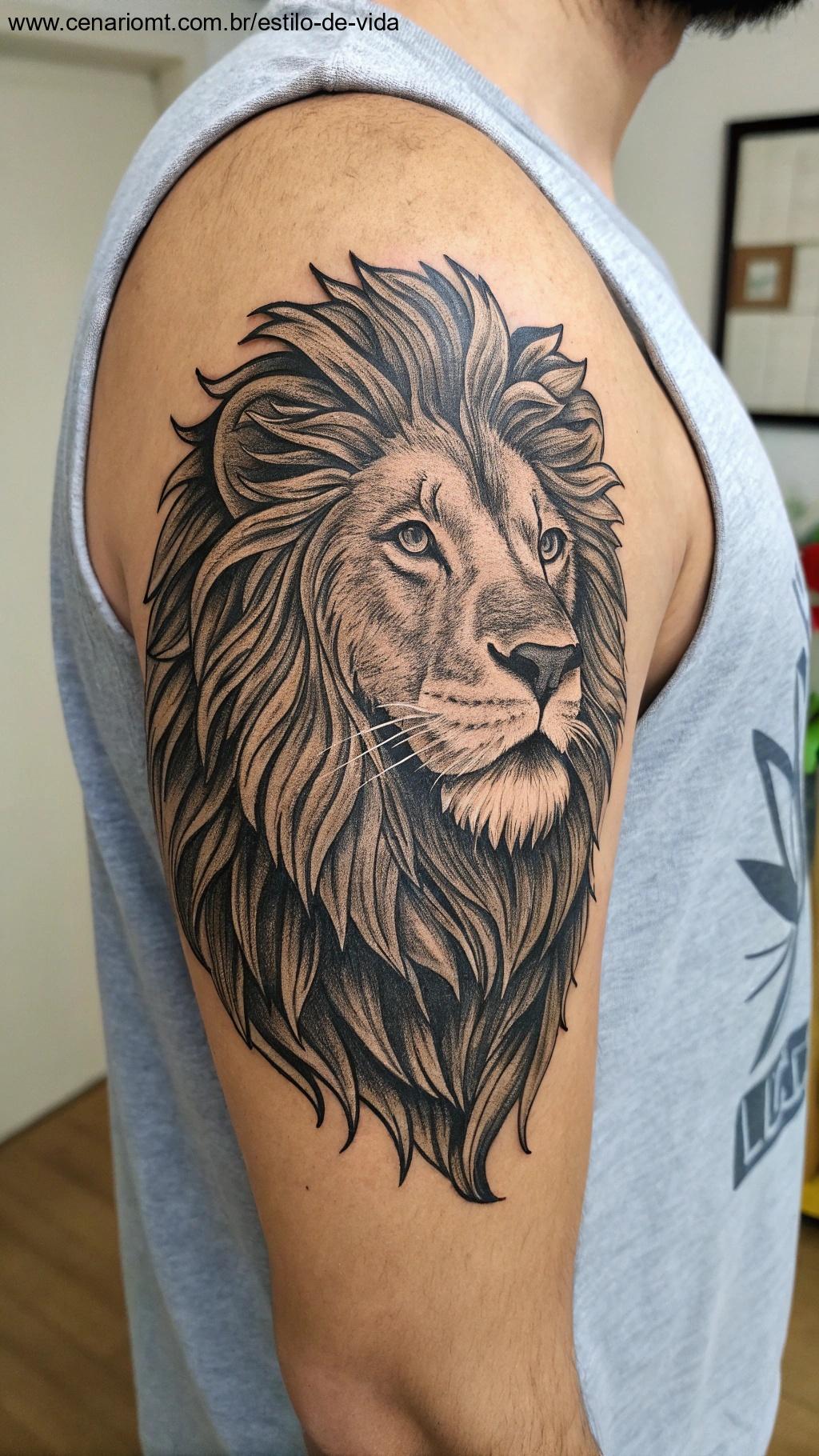 Tatuagem de Leão, destacando coragem e liderança.