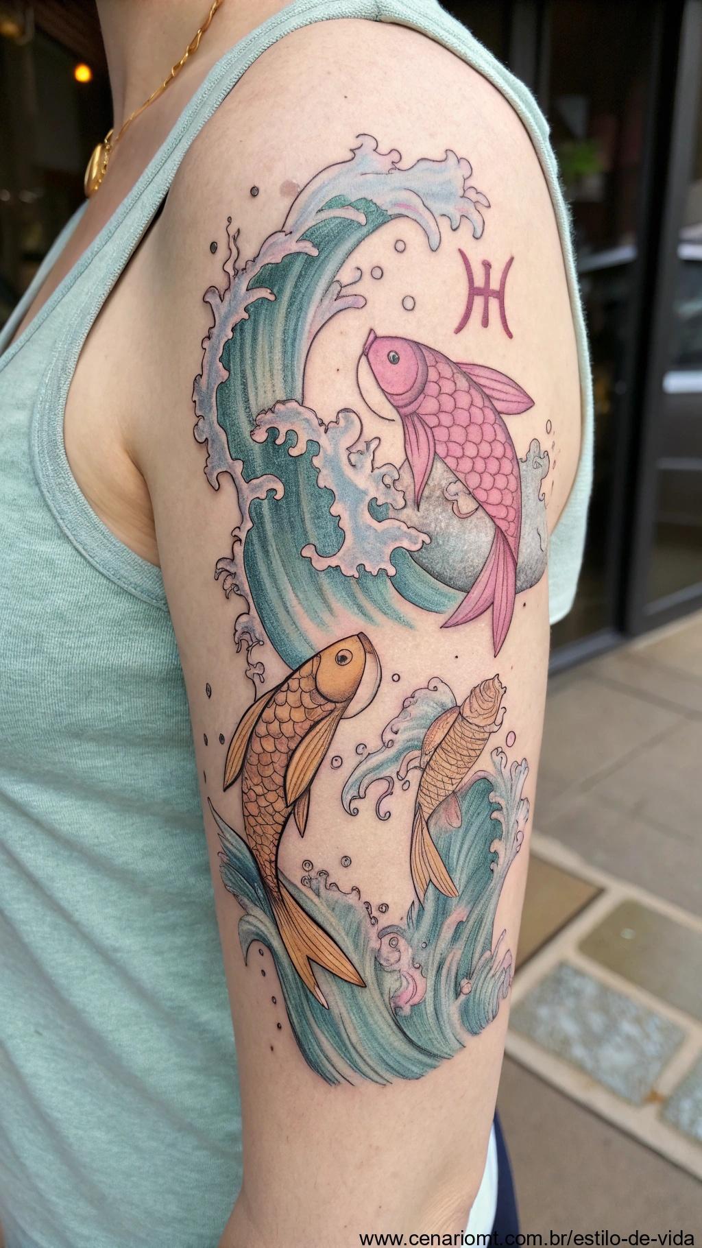 Tatuagem de Peixes, simbolizando empatia e espiritualidade.