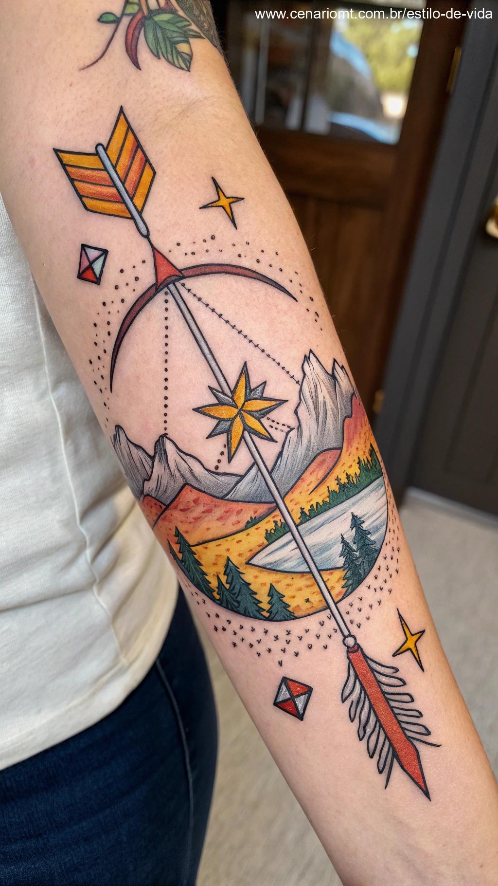 Tatuagem de Sagitário, representando aventura e liberdade.
