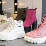 Coleção de sapatos femininos estilosos e modernos para 2025, com modelos como tênis chunky, botas de plataforma e saltos elegantes.