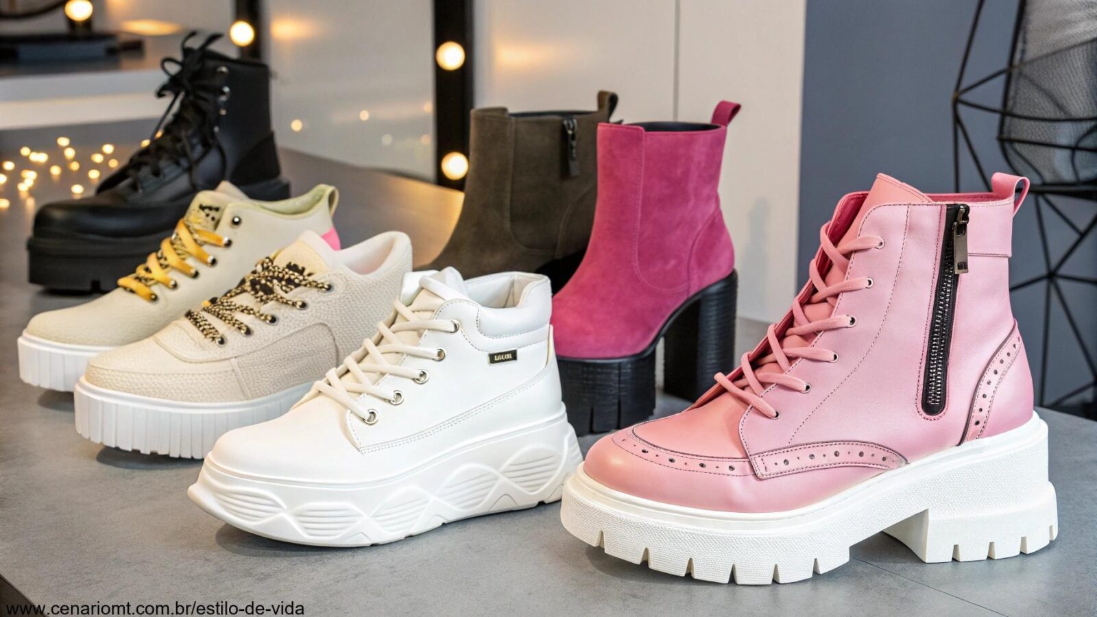 Coleção de sapatos femininos estilosos e modernos para 2025, com modelos como tênis chunky, botas de plataforma e saltos elegantes.