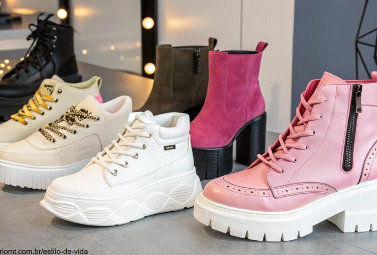 Coleção de sapatos femininos estilosos e modernos para 2025, com modelos como tênis chunky, botas de plataforma e saltos elegantes.