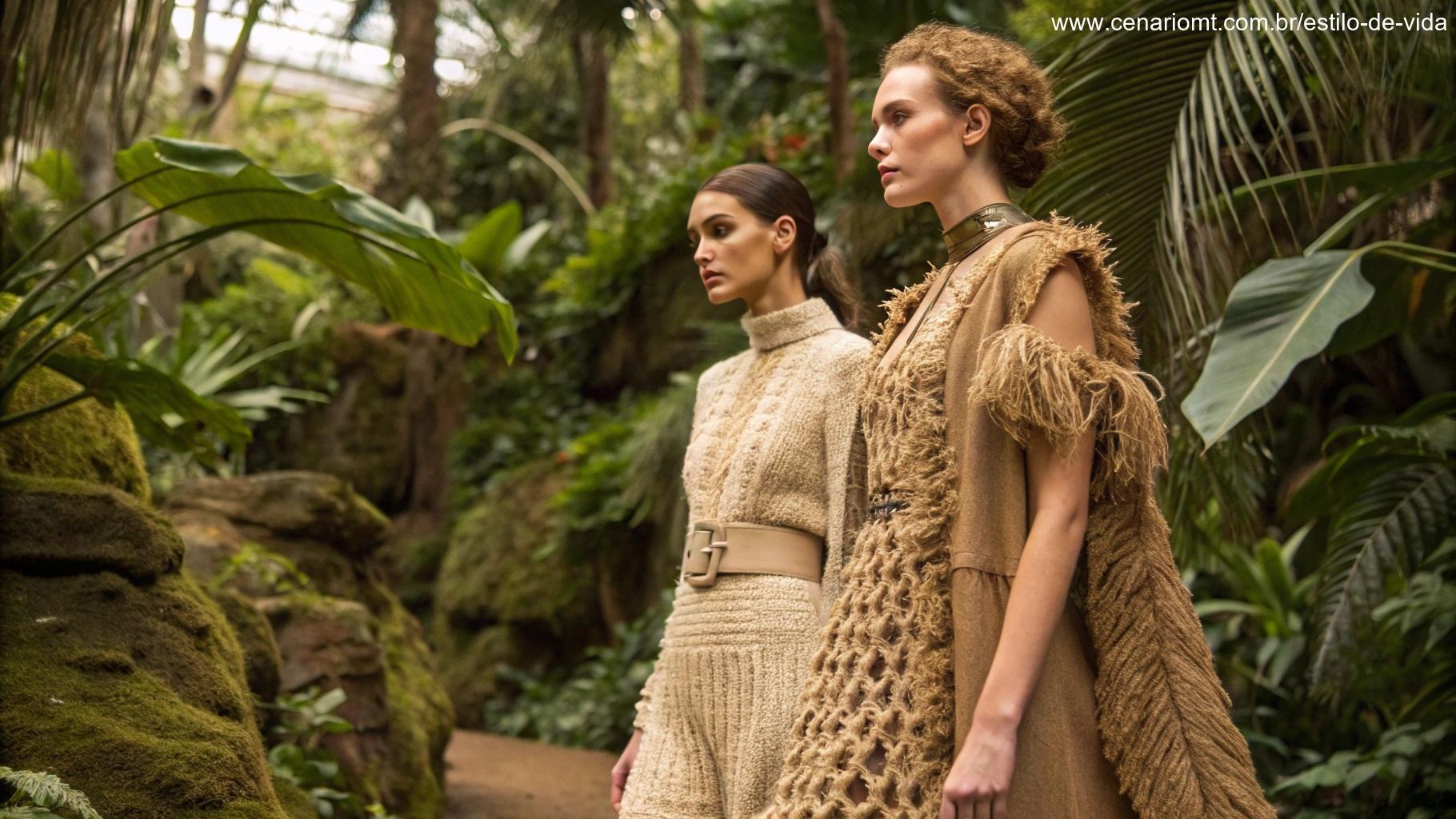 Moda com foco em texturas e sustentabilidade, usando fibras naturais e tons terrosos.