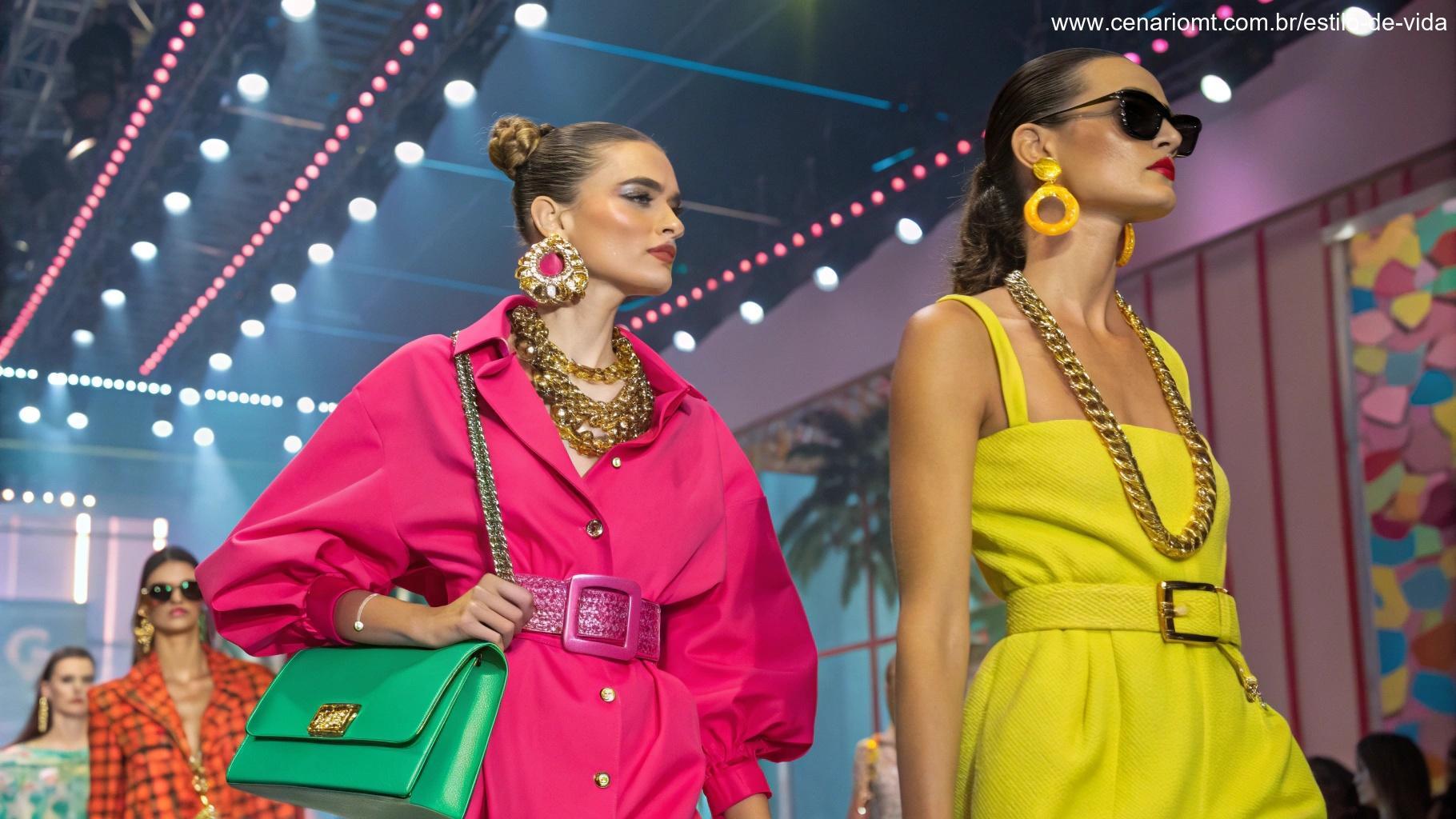 Cena vibrante de moda com tons coloridos e acessórios chamativos.