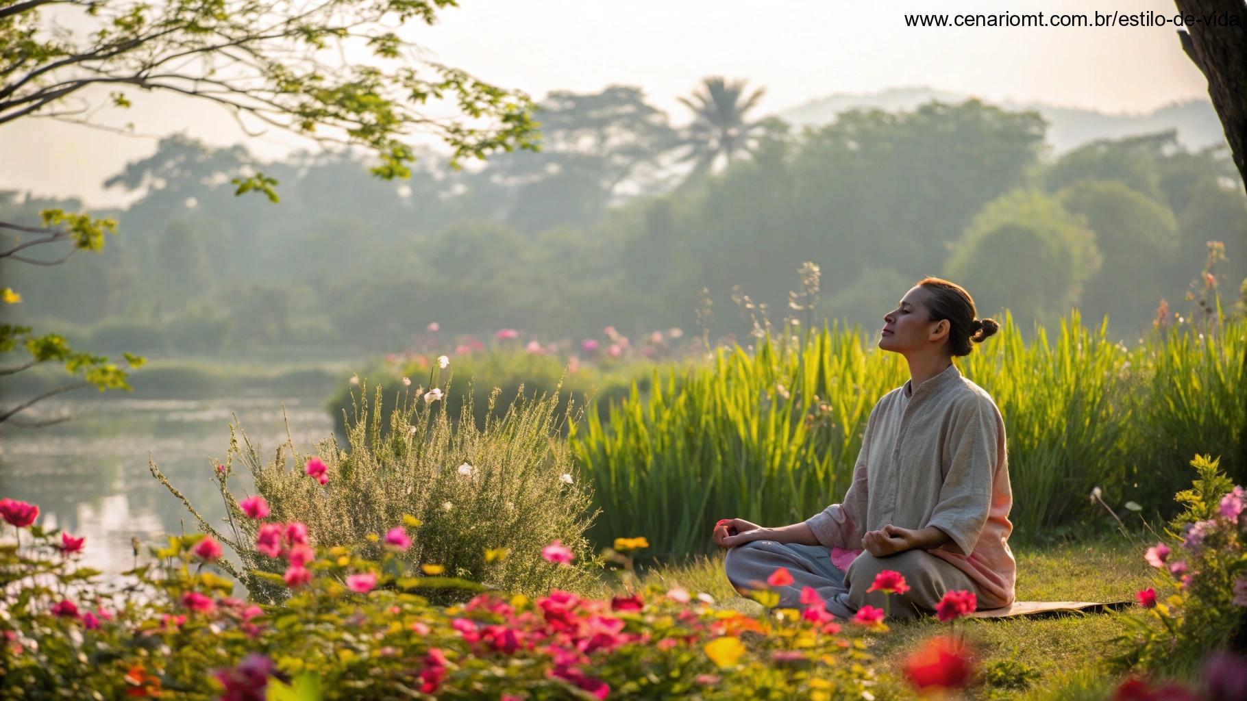 Pessoa meditando em um ambiente natural tranquilo, cercada por cores vibrantes representando crescimento e evolução espiritual.