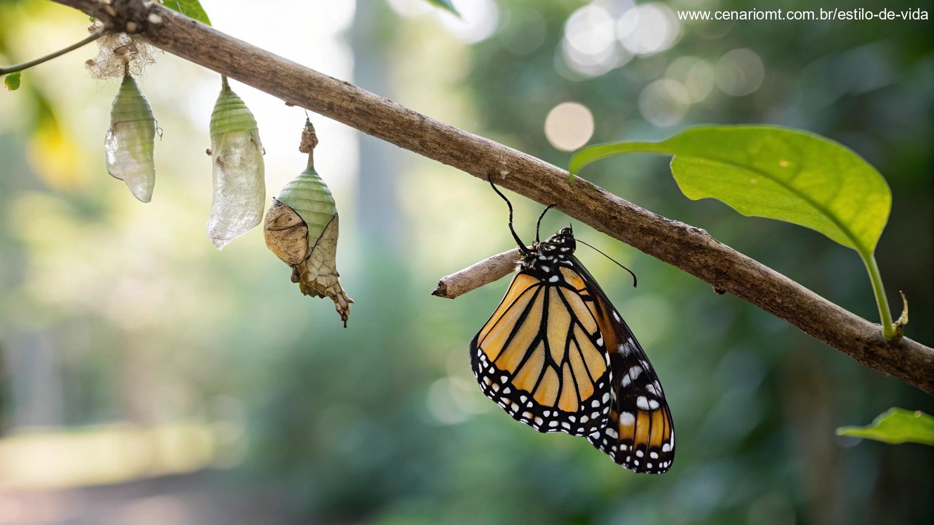 Uma borboleta emergindo de seu casulo em um ambiente natural e pacífico, simbolizando transformação espiritual e crescimento.