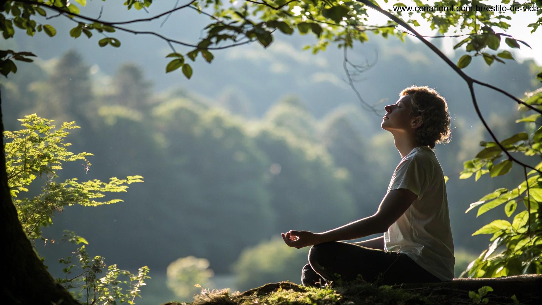 Pessoa meditando na natureza com luz suave filtrando pelas árvores.