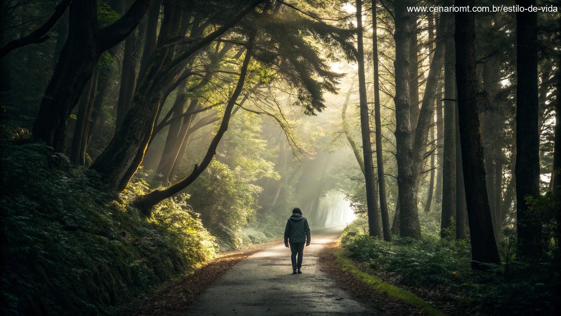 Pessoa caminhando por um caminho em uma floresta mística, iluminada por luz suave.