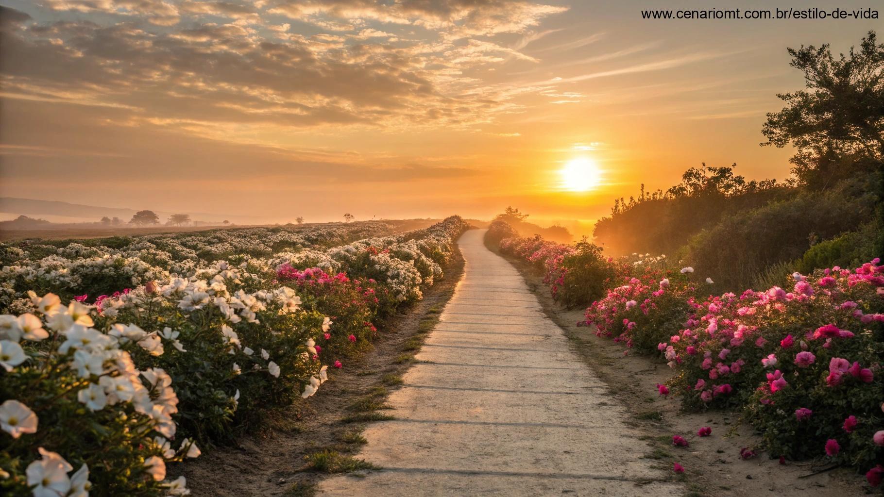 Caminho com flores desabrochando sob um nascer do sol radiante, representando transformação e novas oportunidades.