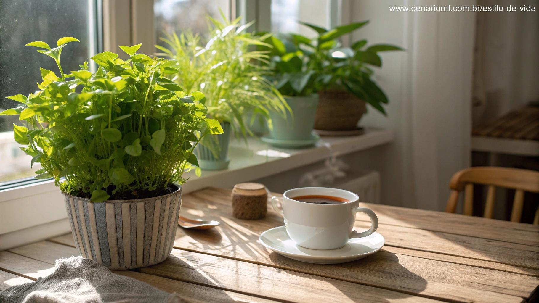 Cena de manhã com plantas verdes e uma xícara de chá em uma mesa de madeira.
