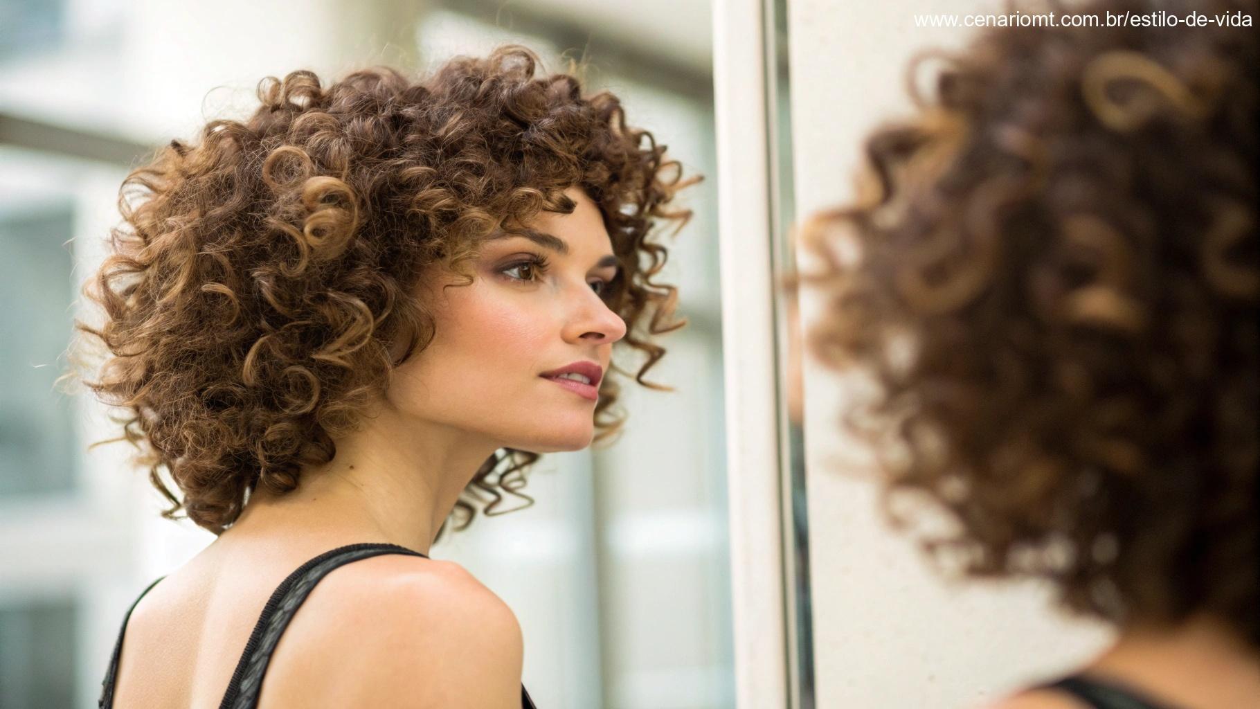 Mulher com cabelo cacheado no corte bob, olhando no espelho e transformando seu visual com o novo estilo.