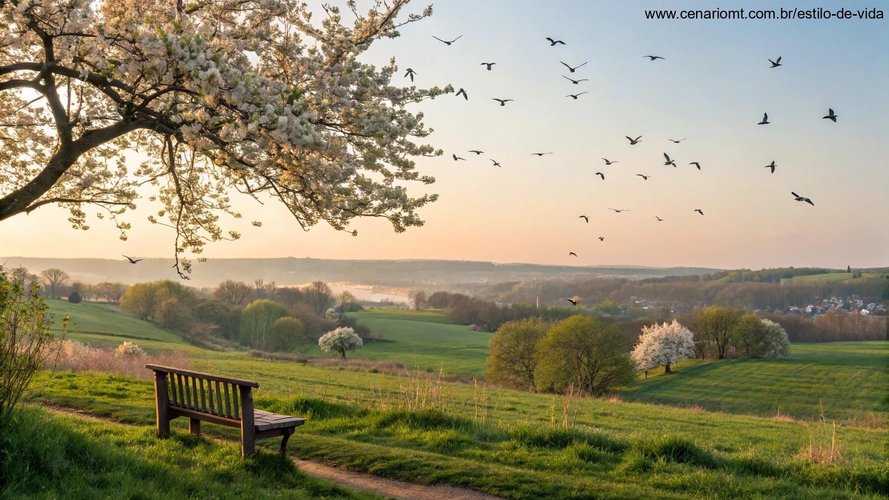 Paisagem campestre iluminada pelo amanhecer com pássaros voando