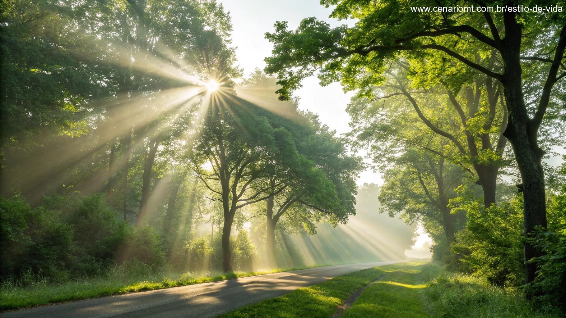 Uma manhã iluminada com raios de sol entre árvores verdes, representando um novo começo cheio de esperança.