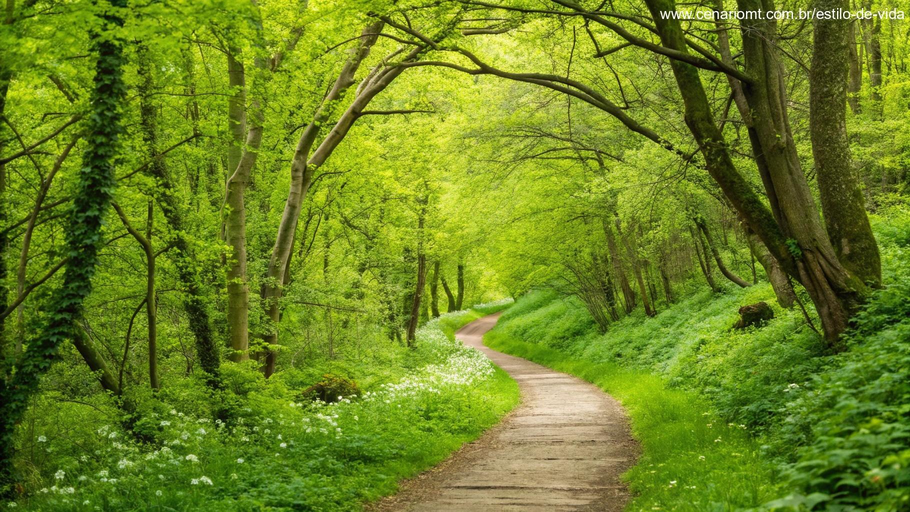 Um caminho fresco em uma floresta verde, simbolizando um novo ciclo cheio de oportunidades e crescimento pessoal para março.