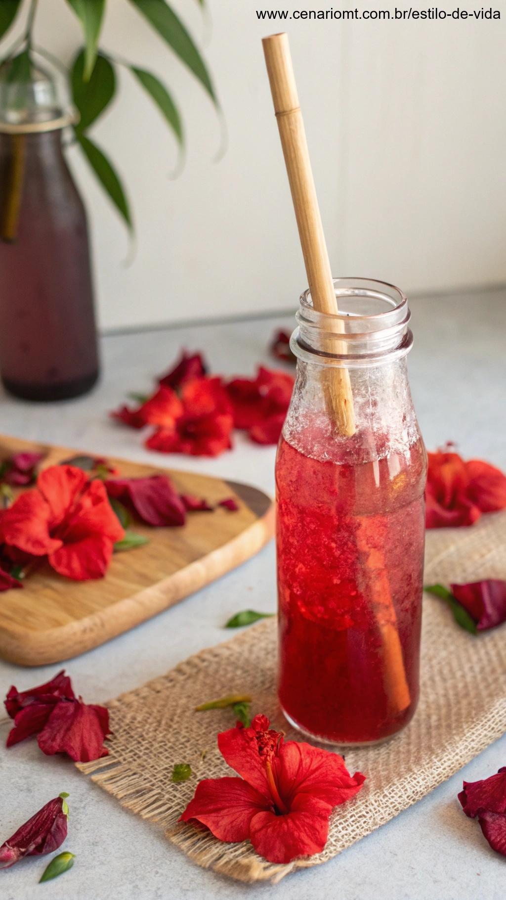 Limonada de hibisco em garrafa reutilizável com canudo de bambu.