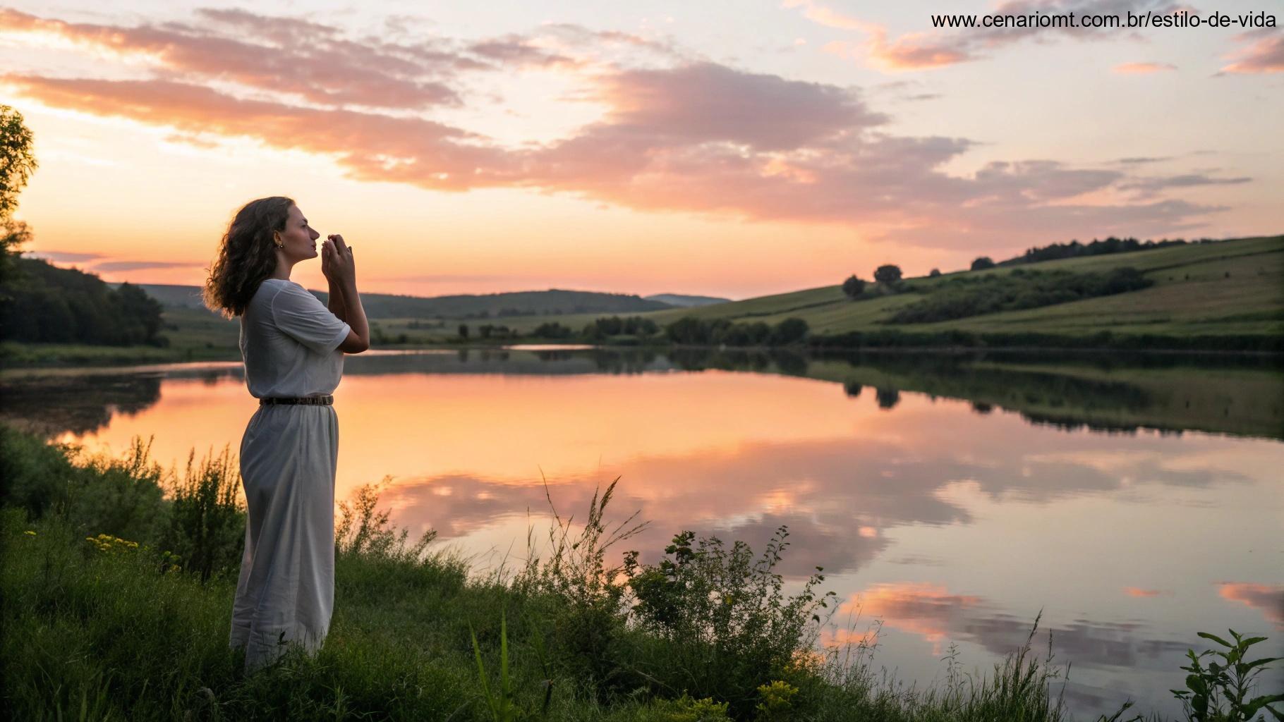 Uma mulher orando ao nascer do sol à beira de um lago