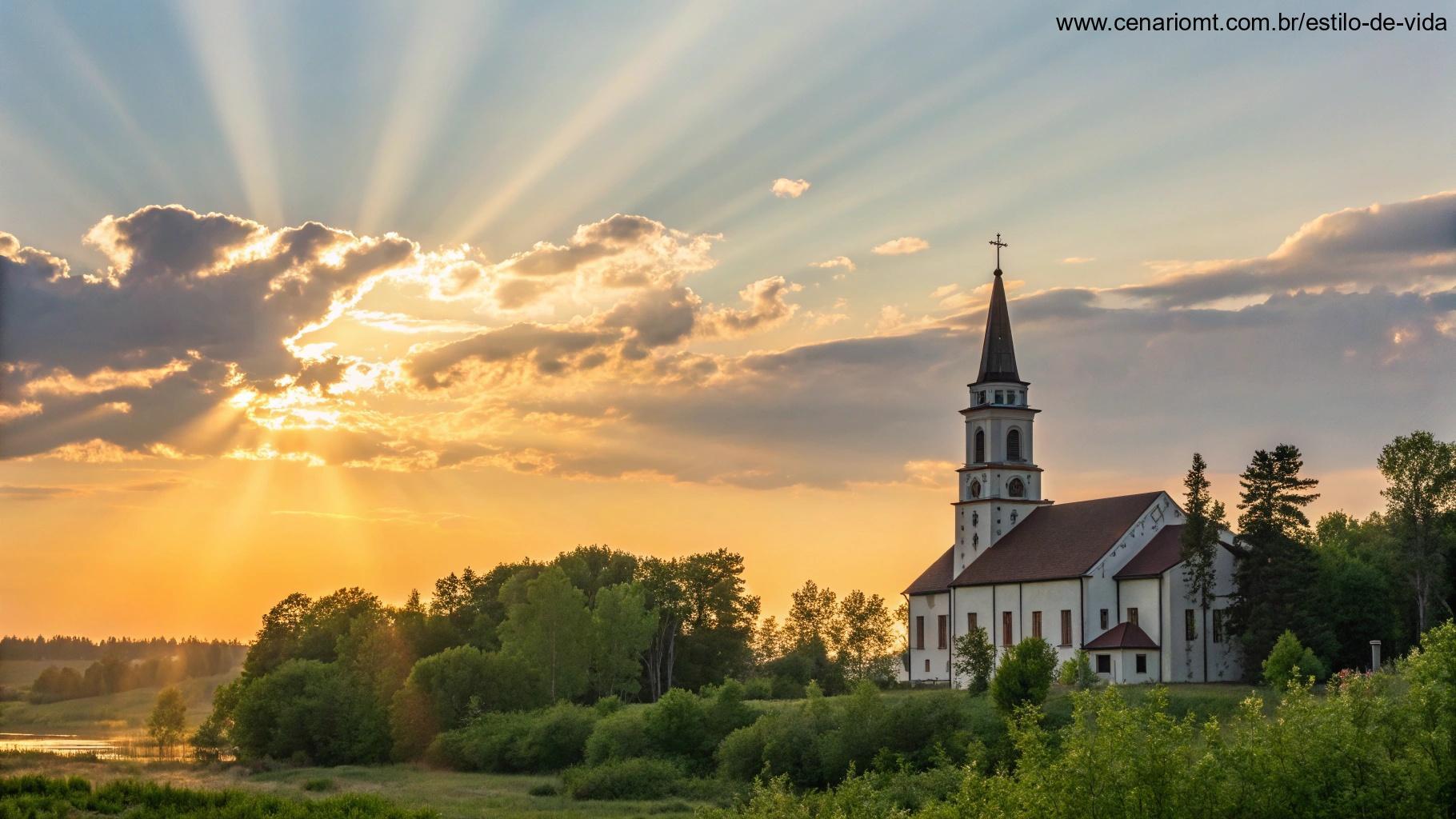 Céu da manhã com raios dourados de sol iluminando uma igreja tranquila, cercada por natureza exuberante.