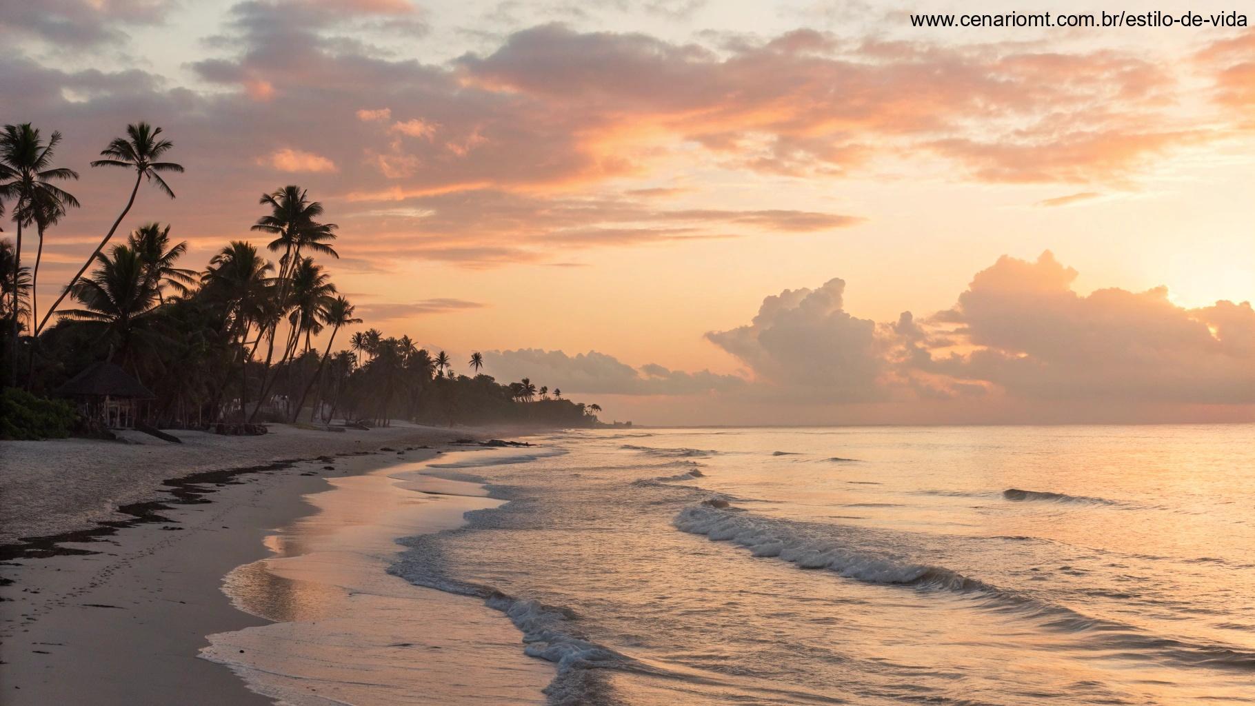 Um nascer do sol tranquilo sobre uma praia calma, com ondas suaves e uma brisa leve, simbolizando um novo começo para o dia.