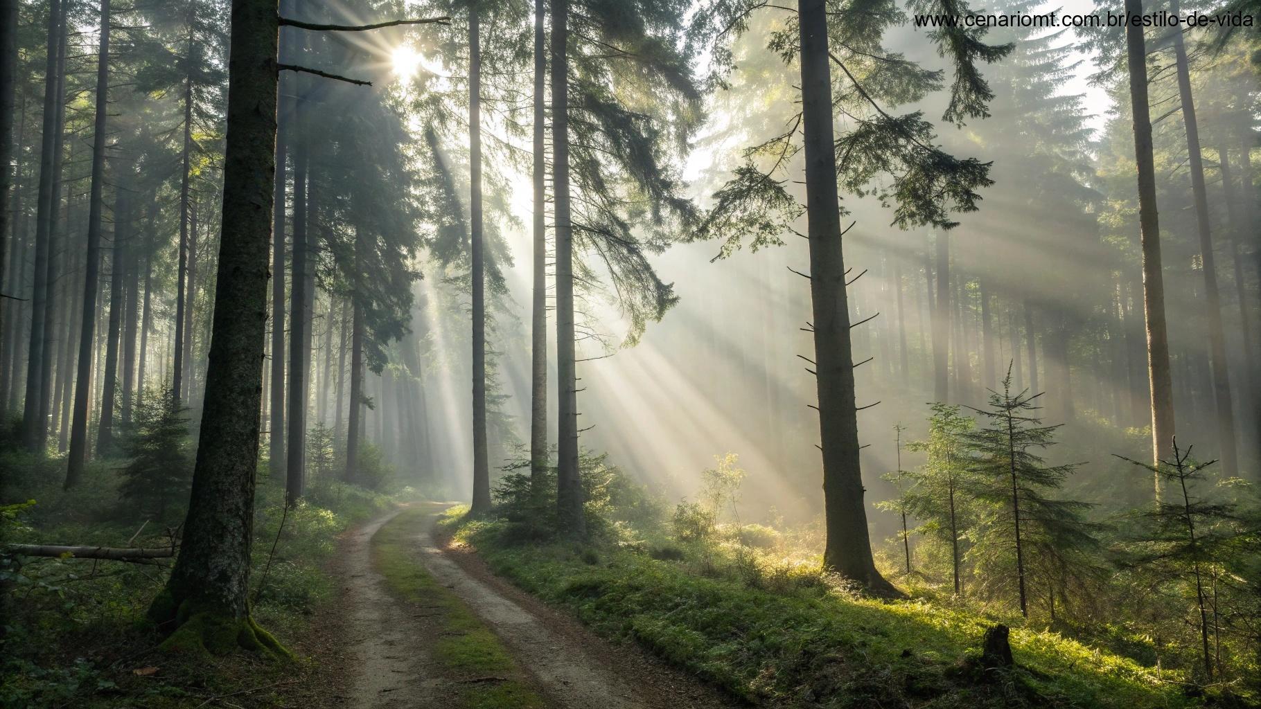 Uma floresta tranquila com névoa matinal e raios de sol atravessando as árvores.