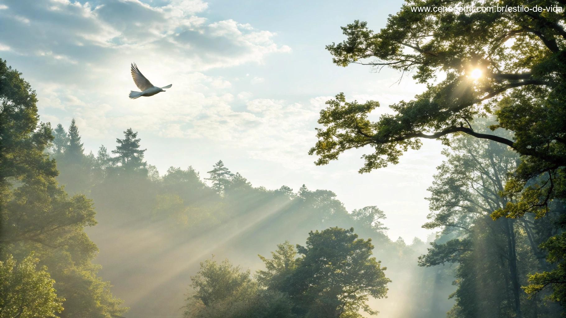 Cenário matinal iluminado com raios de sol e uma pomba voando