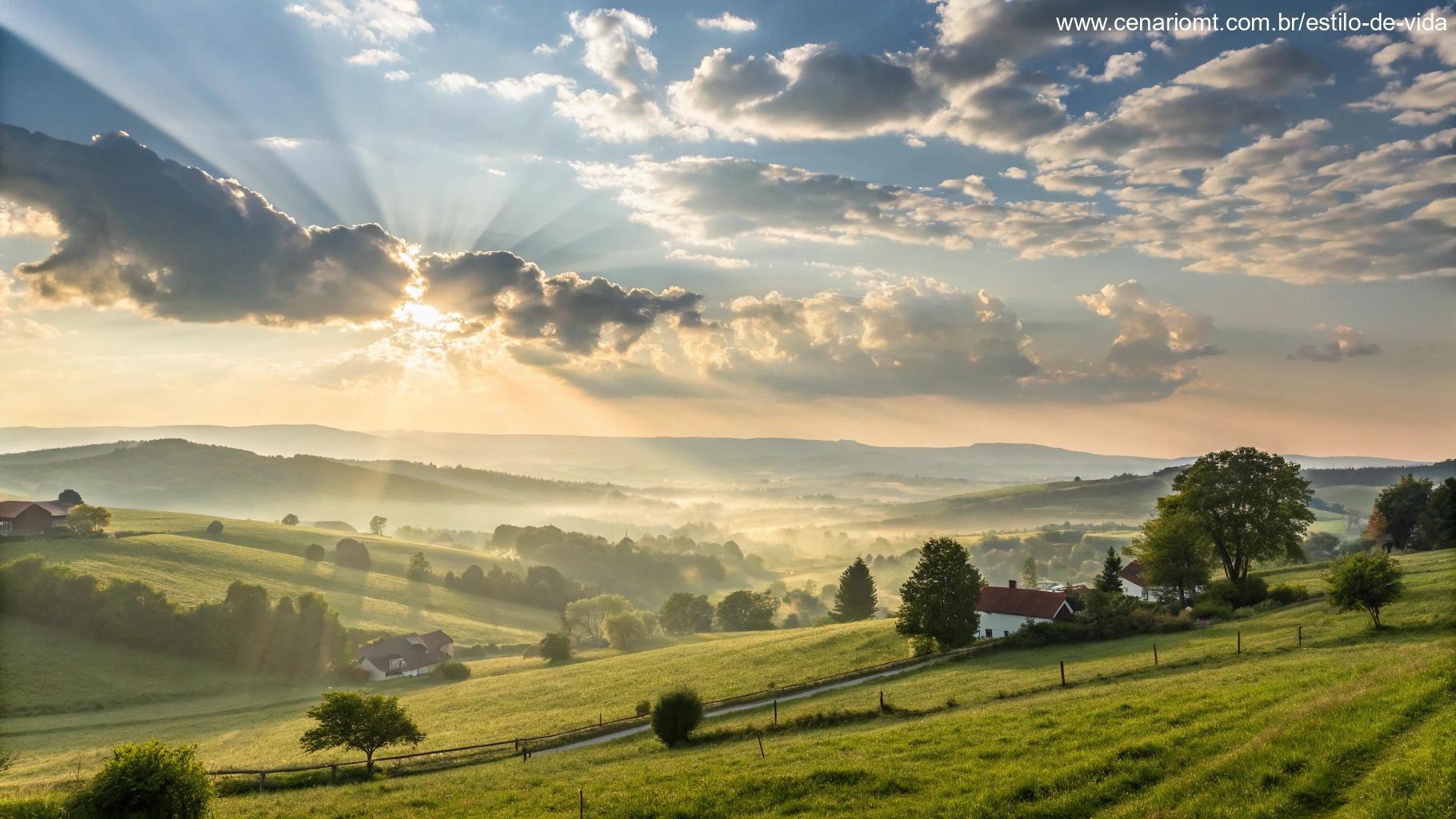 Paisagem campestre iluminada pelo sol da manhã, transmitindo paz e bênçãos.