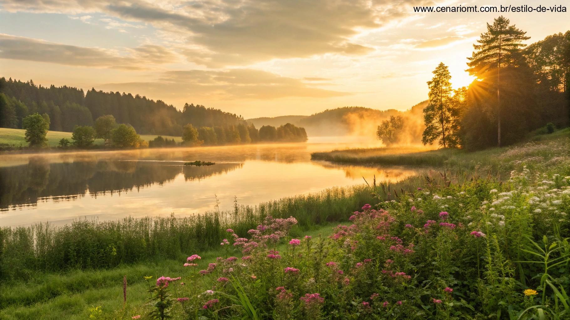 Paisagem natural tranquila ao amanhecer, com luz dourada sobre um lago calmo e flores desabrochando.