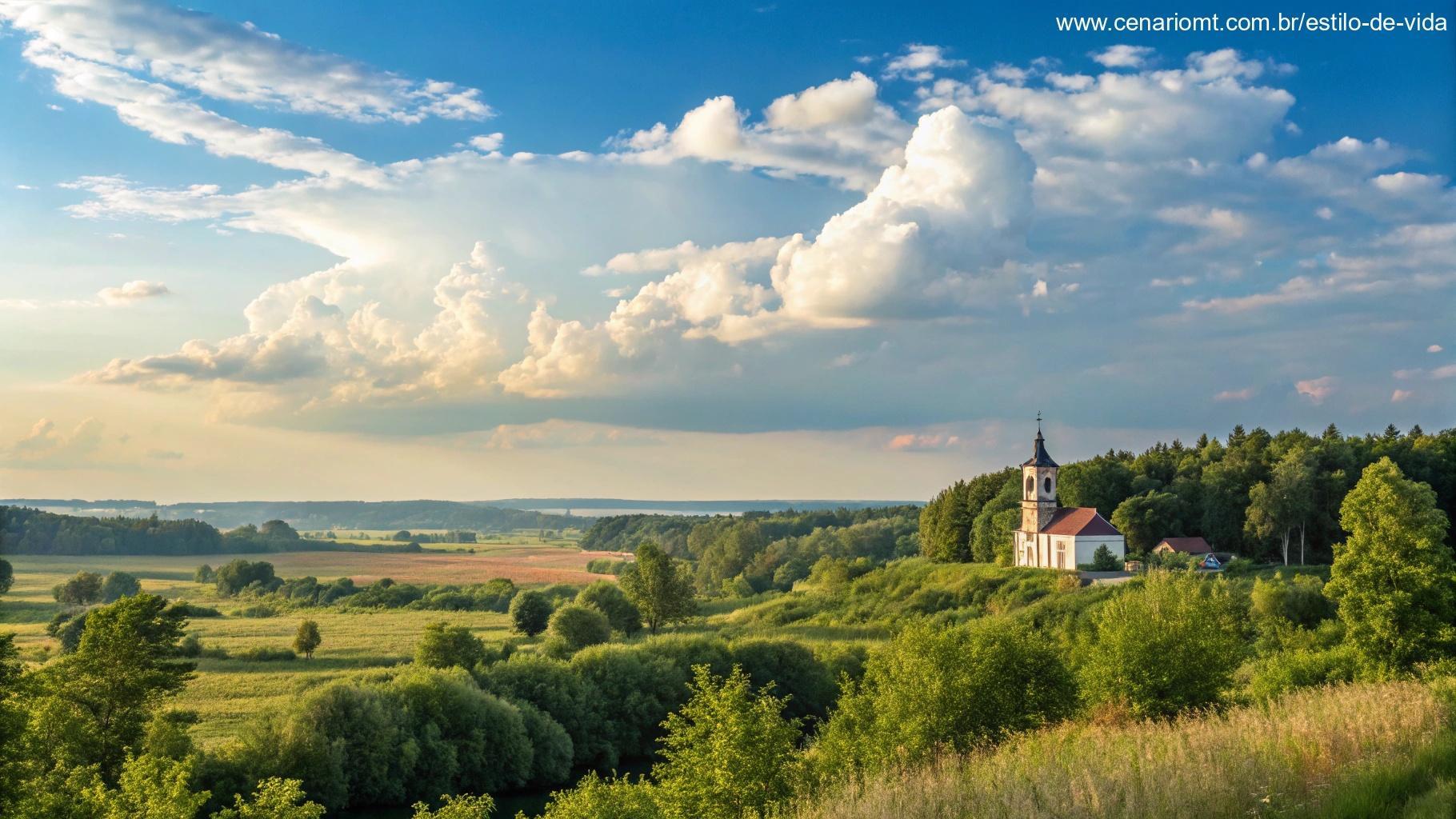 Vista de uma manhã iluminada com céu azul e nuvens fofas, igreja ao fundo cercada por natureza.