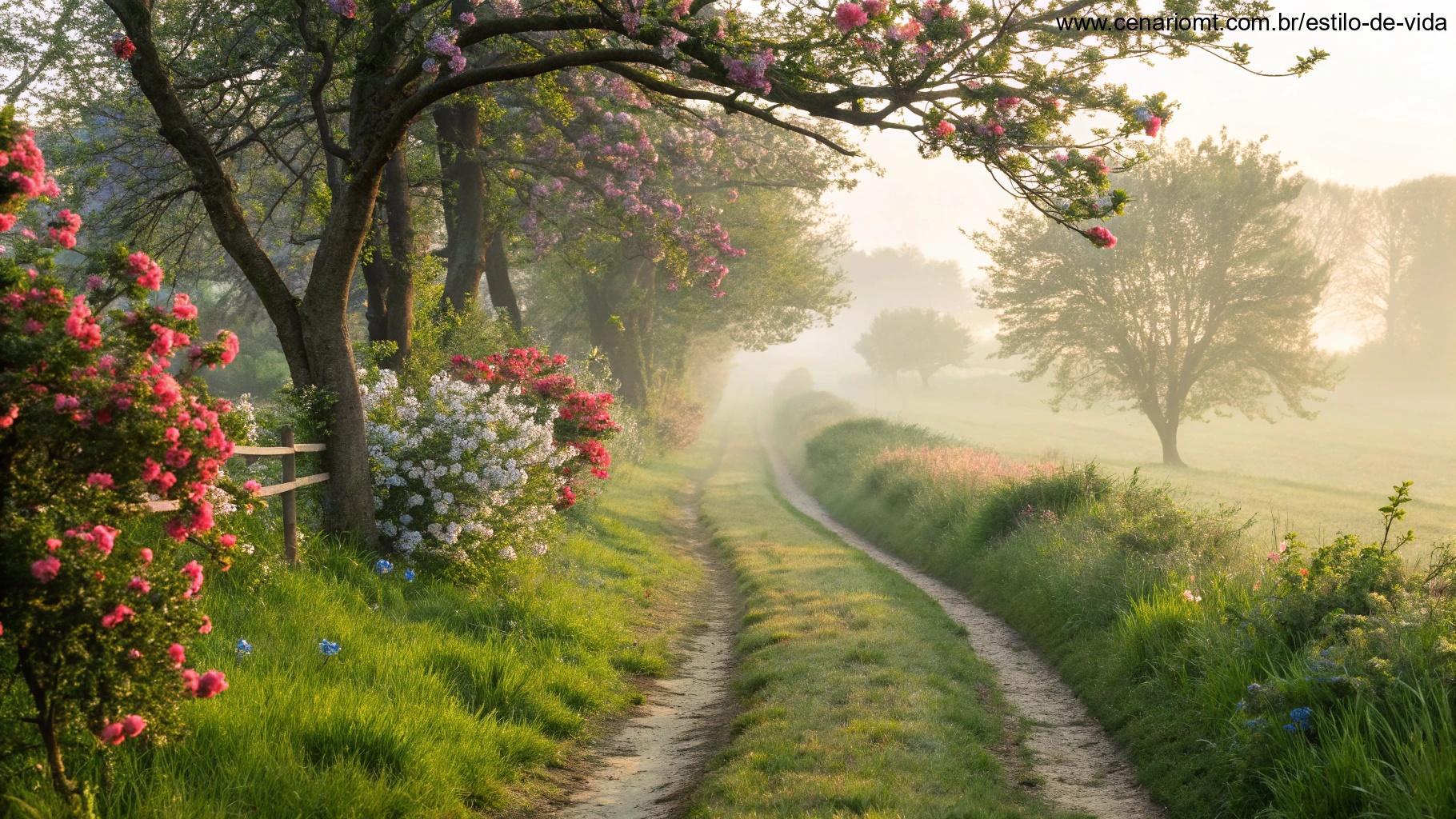 Caminho tranquilo no campo cercado por flores desabrochando, representando fé e esperança para uma terça-feira cheia de bênçãos.