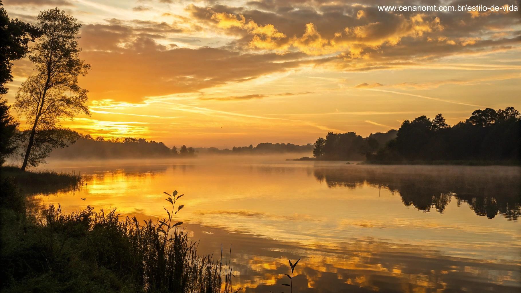 Nascer do sol tranquilo sobre um lago calmo, refletindo o céu dourado na água.