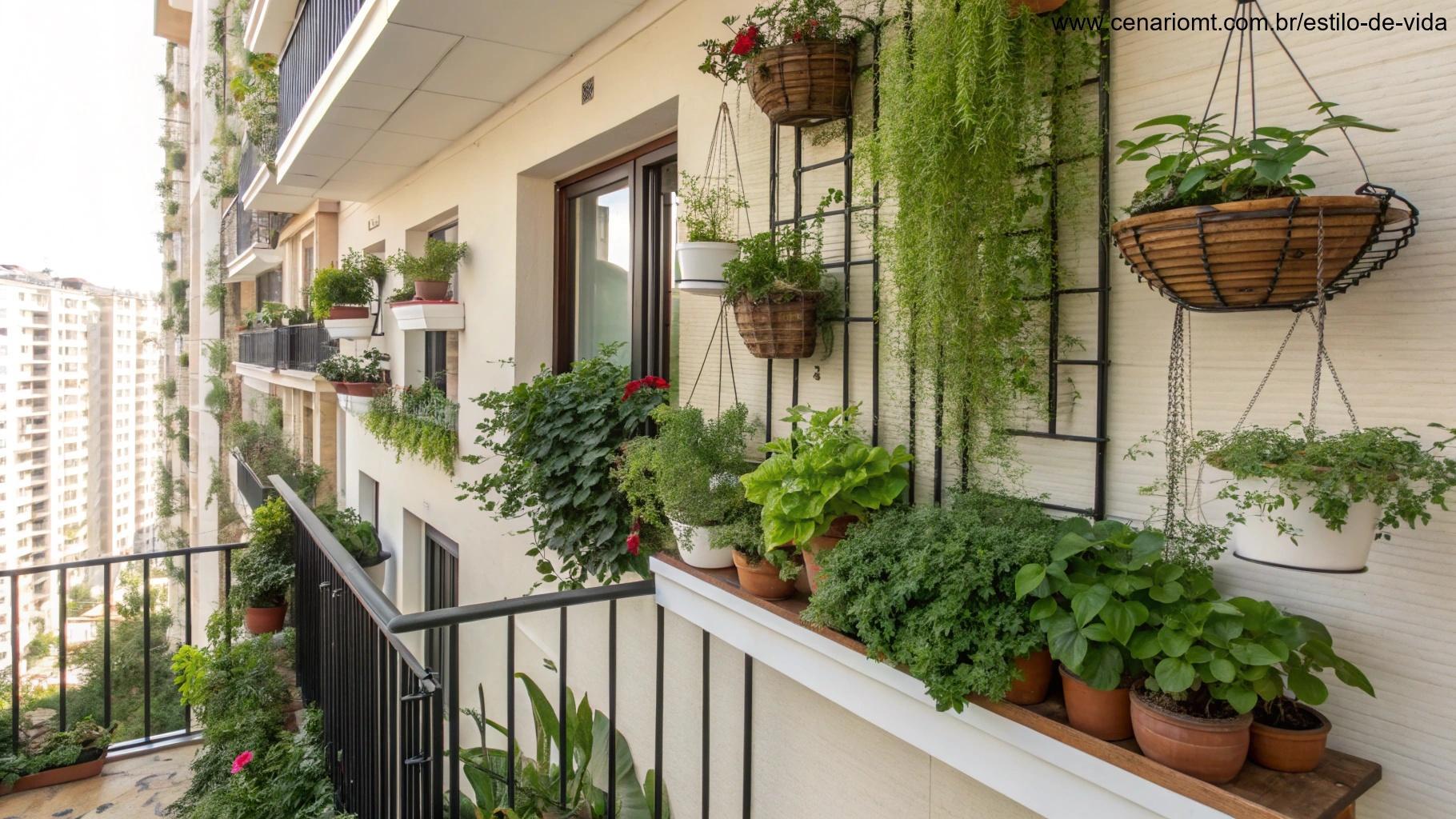 Uso decorativo de plantas em ambientes internos e varandas pequenas, com vasos, plantas suspensas e jardins verticais com visual fresco e vibrante.